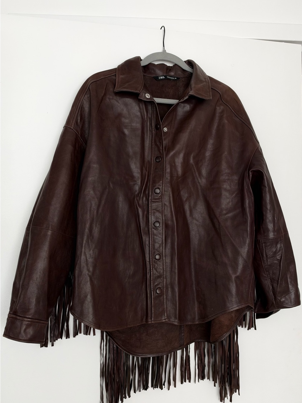 Zara Dark Brown Leather Fringe Shirt Jacket